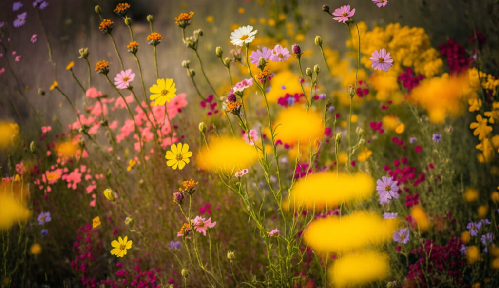 Eine blühende Wiese mit einer Vielfalt an bunten Wildblumen im sanften Licht, die die Schönheit der Natur einfängt.