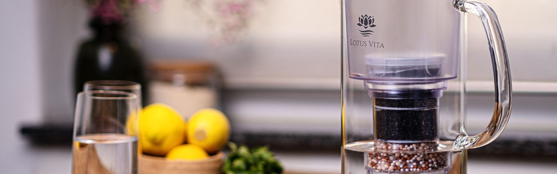 Impressionsbild: Glas-Filterkanne von Lotus Vita auf Küchentisch.