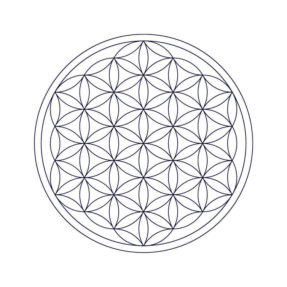 Schwarz-weiße Grafik der Blume des Lebens, ein geometrisches Symbol für kosmische Ordnung und Harmonie.
