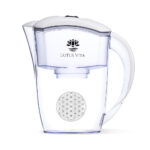 Ersatz-Korpus einer weißen Wasserfilterkanne, bestehend aus dem Kannenkörper mit Blume des Lebens-Symbol, Innentank mit Lotus Vita Logo, Deckel und Griff.