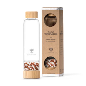 Eine Glas-Trinkflasche mit Bambusdeckel und separatem Fach für braune und weiße Kristallsteine, stehend neben ihrer Kartonverpackung.