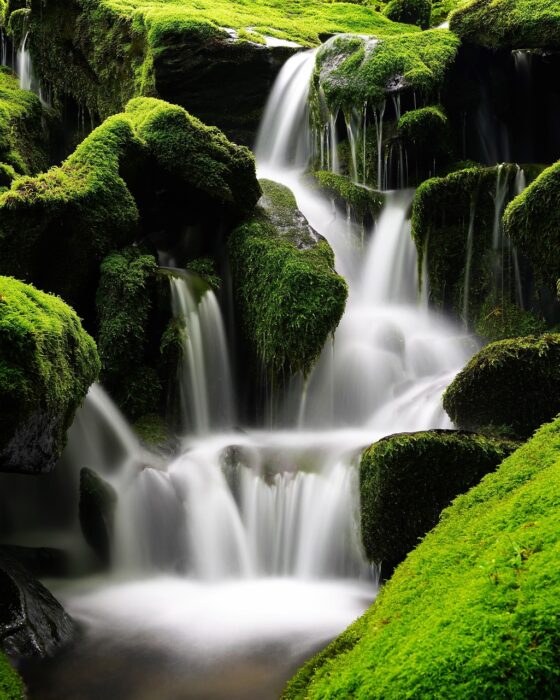 Ein kleiner Wasserfall fließt in sanften Kaskaden über leuchtend grüne, moosbewachsene Felsen in einem ruhigen Wald.